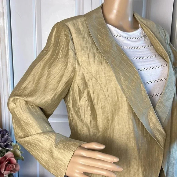 PAZ TORRAS LINEN CROPPED PEPLUM SHIMMERY GOLD COLOR BLAZER  made in Milan? - Picture 4 of 17
